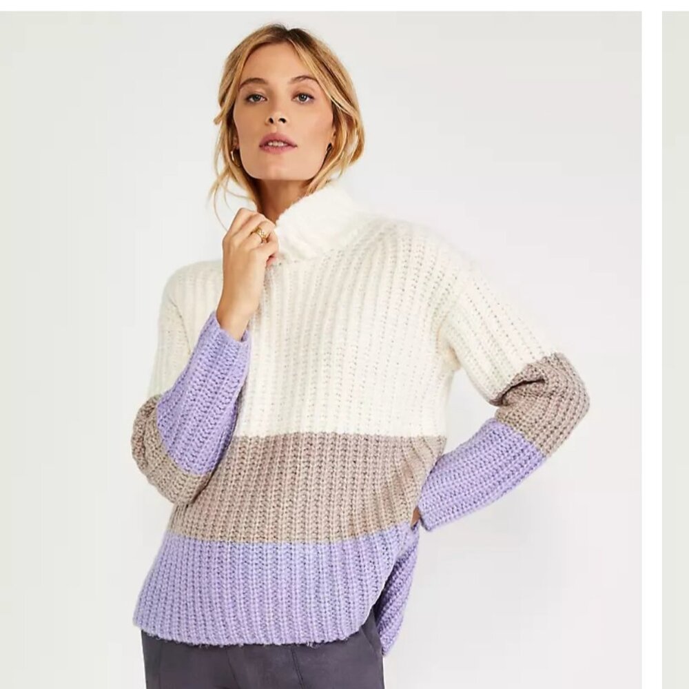 Ann Taylor Sweater Chunky Large Mock Turtleneck Knit Stripe Ivory Gray Purple